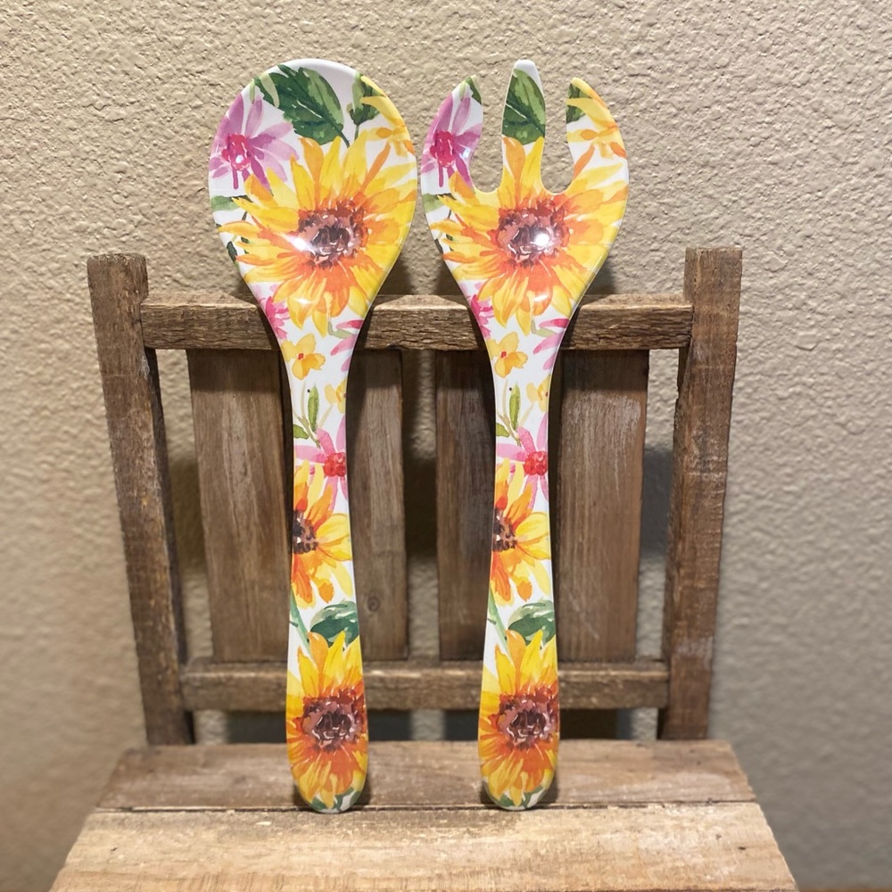 Sunflowers Serving Spoon Set Of 2, Farmhouse Melamine Serving Set, Sunflowers